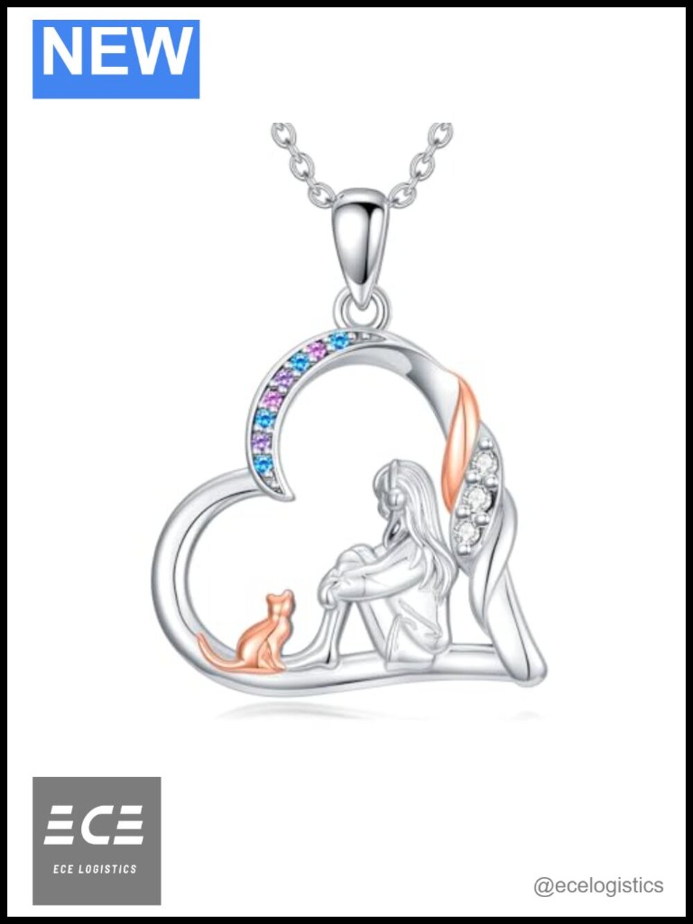 925 Sterling Silver Cat Heart Pendant Necklace 18in Extender